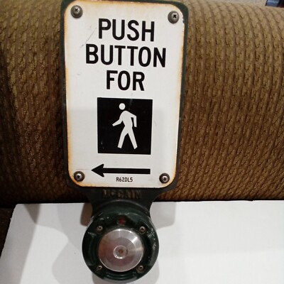 VINTAGE RETIRED CROSSWALK PEDESTRIAN PUSH BUTTON PORCELAIN SIGN. MC CAIN