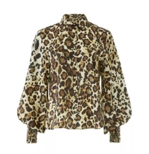 $320 ALEXIS "ROMANA" LEOPARD PRINT BLOUSON SLEEVE BUTTON DOWN TOP BLOUSE S