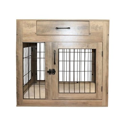 Aleko Dog Crate Small/Medium Pet 50Lb. Weathered Gray Drawer+Rope Toy+Cushion