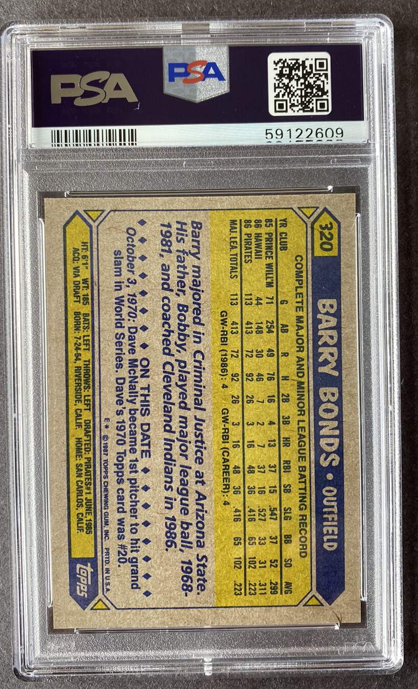 1987 TOPPS BARRY BONDS PSA 9 MINT!! ROOKIE RC  view 2