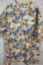 VINTAGE Islander Polyester Tan With Blue Flowers Hawaiian Shirt XL