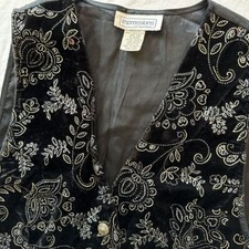 Impressions Vintage Velvet Vest Glitter Floral Women's M 90's Sparkle Black