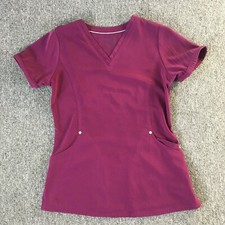 Beyond Scrubs Top Womens Extra Small Dark Pink V-Neck Hip Pockets Short Sleeve