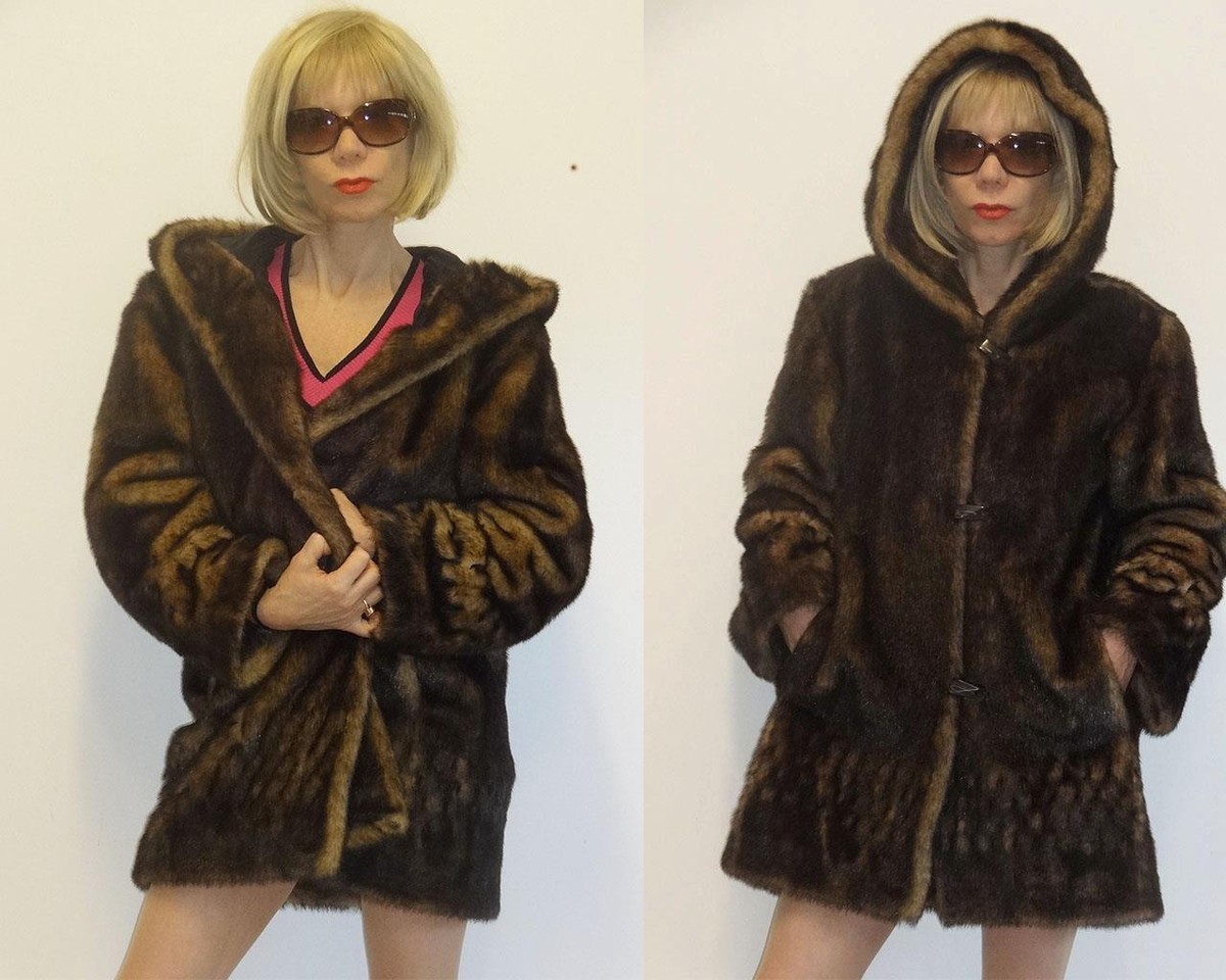 ALPINE STUDIO SOFT LUXURIOUS BROWN FAUX FUR HOODED LONG JACKET