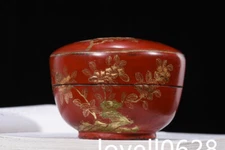 Old wooden tire painted real gold lacquerware inscribed poem pattern study box