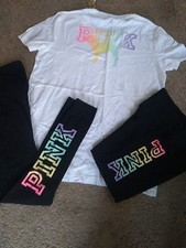 3 PC Victoria Secret Pink OMBRE RAINBOW LOGO TEE SHIRT  Leggings  SHORT SET S