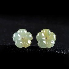 Pure S925 Sterling Silver Natural Green Jade Jadeite Lucky Flower Earrings Stud