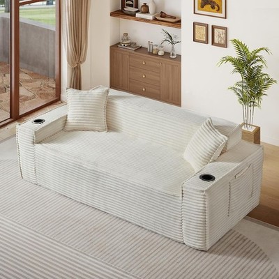 81'' Modern Cloud 3-Seater Sofa Corduroy Boneless Memory Foam With Cup Holders