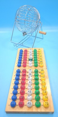Bingo Game Set w/ Wood Case & Metal Cage   74 Balls + Ball 35 Sub Vintage