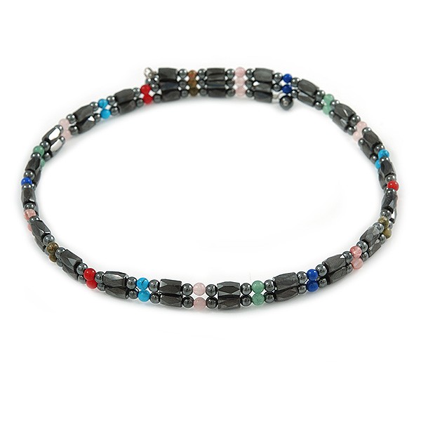 Hematite Bead with Semiprecious Multicoloured Stones Magnetic Necklace/