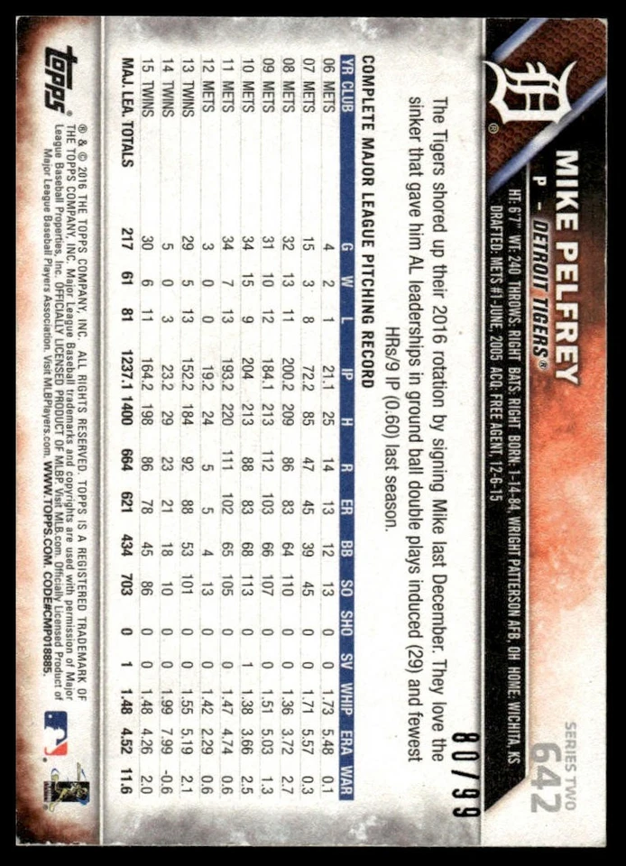 2016 Topps #642 Mike Pelfrey Vintage Stock #/99 - Image 2 of 2