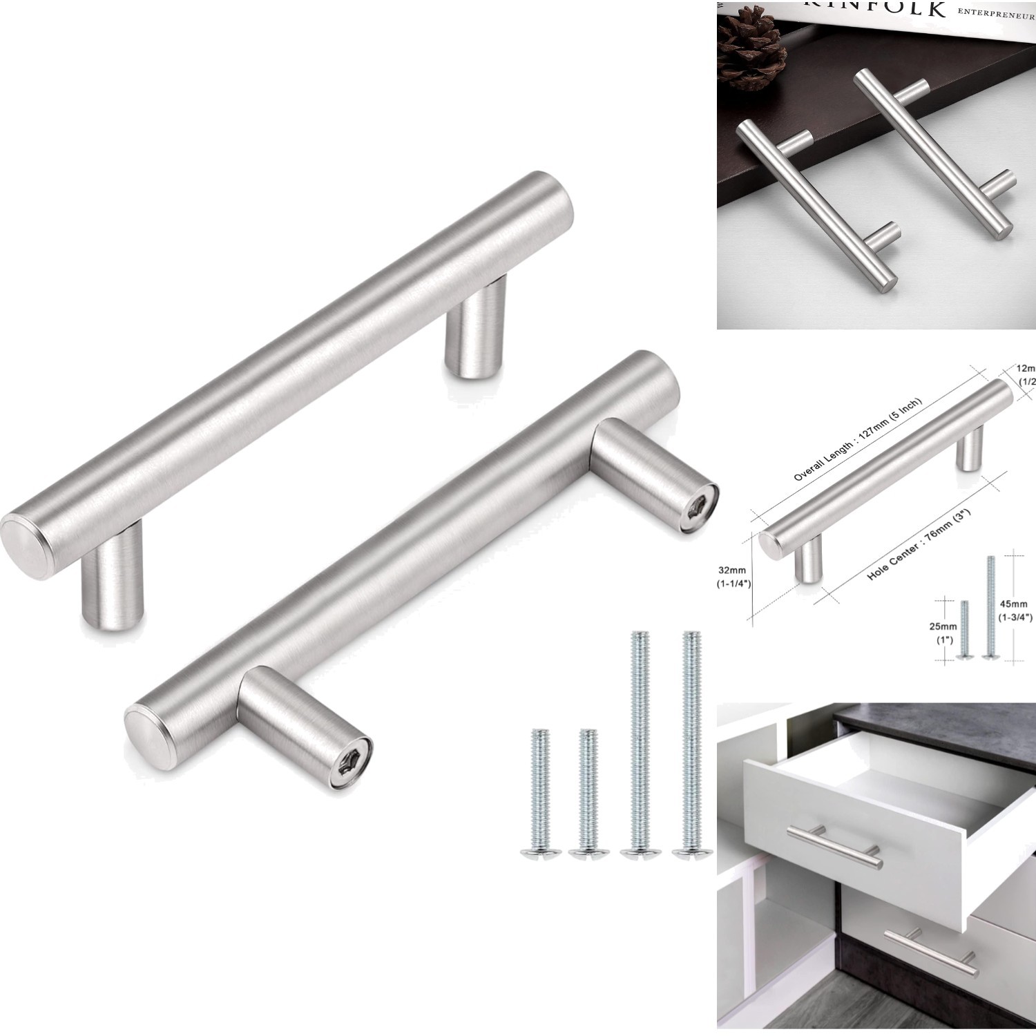 30-Pk 3-Inch Euro T-Bar Cabinet Handles Brushed Nickel, Dura