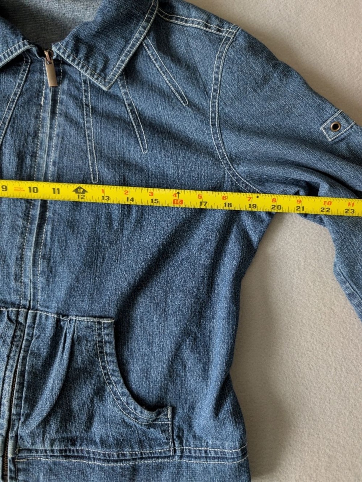 Vintage 90s Zip Up Denim Jacket Peplum Feminine Lightweight Textured Sz M image 10