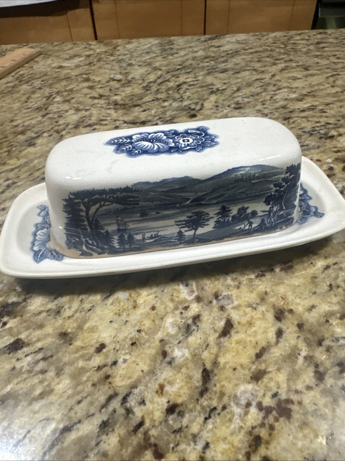 Staffordshire Liberty Blue Butter Dish historical Colonial Scene Cpix