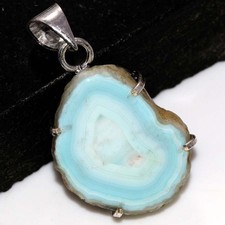 925 Silver Plated Blue Botswana Druzy Slice Pendant 1.4" Most Beautiful AU V232