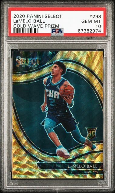2020-21 PANINI SELECT GOLD WAVE PRIZM #298 LAMELO BALL PSA 10 ROOKIE RC SP