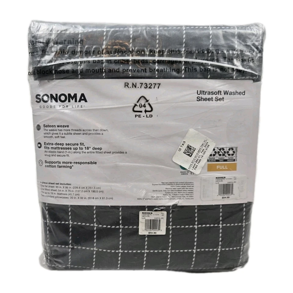 Sonoma Goods For Life Easy Care полный набор простыней 525 нитей угольная сетка - Изображение 2 из 3