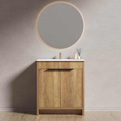 30 Inch Golden Oak Bathroom Vanity 3D Fluted Panel MDF Cabinet Double Drawers