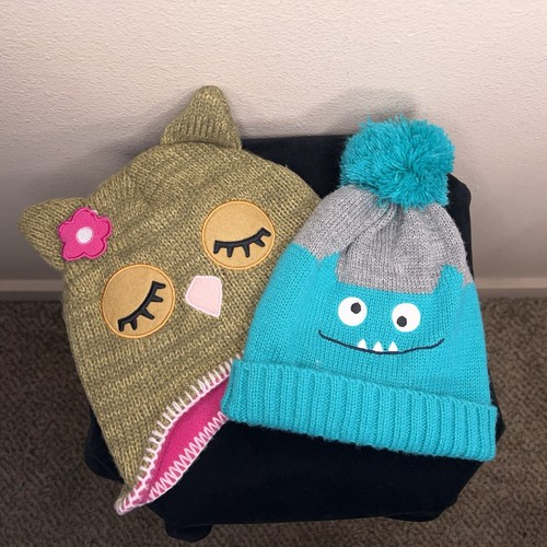 Set Of 2 Girls Hats Winter Fun Knit Owl Monster Cute Cozy Winter 2T 5T - Picture 9 of 12