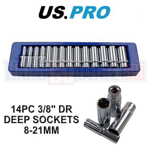 US PRO 14 Piece 3/8" Dr 6 Point Deep Metric Socket Set 8mm - 21mm 1389 - Afbeelding 1 van 4