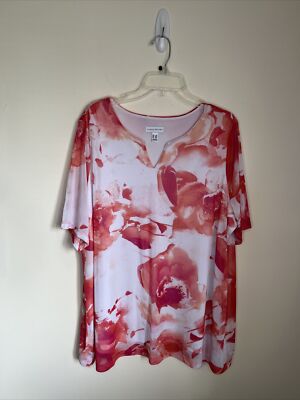 Susan Graver Women's 2X White & Coral Semi Sheer Lined Short Sl Top - Pristine