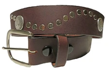 Men's Leather Belt Briar Brown w/ Buffalo Nickel Conchos & Studs Made in USA New