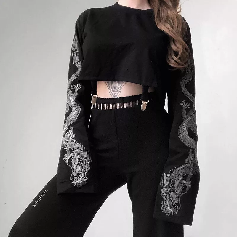 Women Gothic Dragon Print T-shirt Long Sleeve Loose Crop Tops Short Pullover