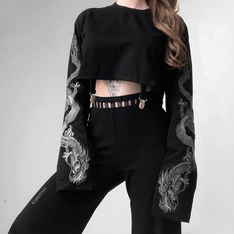 Fashion Women Dragon Print T-Shirt Long Sleeve Loose Crop Tops Short  Pullovers | eBay