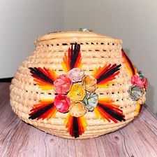 Raffia Woven Basket w/ Lid Colorful Flowers Island Vibes CottageCore