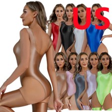 Womens One-Piece High Cut Thongs Bodysuits Oil Silky Low-cut Back Swimsuit