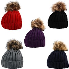 Unisex Youth Kids Ribbed Knit Colourful Beanie Faux Fur Bobble Pom Brown
