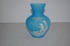 Vintage Westmoreland Blue Milk Glass Vase, Boy w/ Dog Fishing Scene, 7" Tall