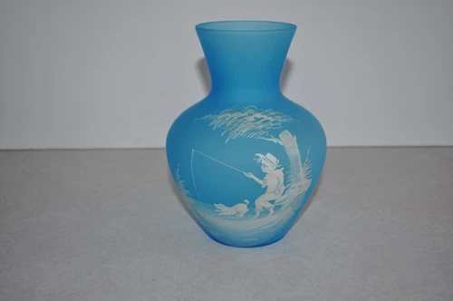 Vintage Westmoreland Blue Milk Glass Vase, Boy w/ Dog Fishing Scene, 7" Tall