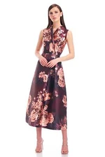 NEW KAY UNGER WHITNEY TEA LENGTH MIKADO DRESS SIZE 2 $288 MERLOT TULIP FLORAL