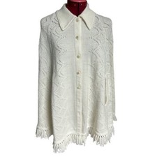 Vintage One Size Cream Knit Tasseled Sweater Cape Poncho