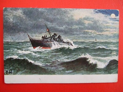VINTAGE 1917 MARINE  POSTCARD- FISHING  TRAWLER IN ROUGH WATER