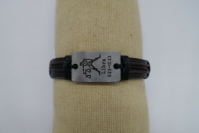 Zodiac medal LIBRA Leather cord bracelet BLACK adjustable 