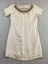 Elie Tahari Womens 100% Linen Beaded Short Sleeve Dress LINED Relaxed Fit Small