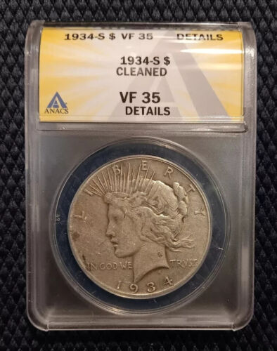 1934-S Peace Silver Dollar ANACS Certified Very Fine 35 Rare US 90% $1 Coin