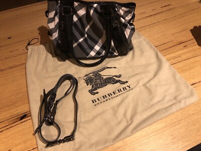 Burberry Black Shopping Check Vernice Bag with Strap