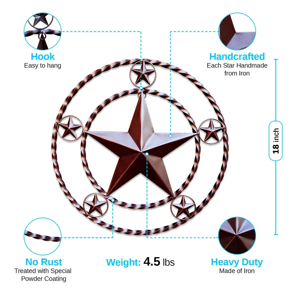 Texas Metal Rustic Country Heavy Duty Iron Barn Star Decor 18" Metal Wall Star - Image 3 of 4