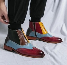 Patchwork Men's High Top Chukka Ankle Boots Brogue Business Shoes Carved Formal
