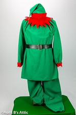 Elf Costume Quality Adult Unisex 5 Pc Gr/Red Velour Pant Shirt Hat Collar Belt
