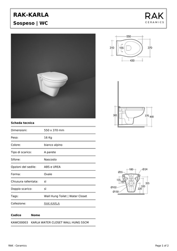 Vaso sospeso Karla rak ceramics 55x37x37 cm a parete bianco ovale 55x37x37 - Picture 2 of 2