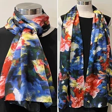 100% Silk Satin Blue/Red Floral Art Print Scarf 52x162cm Handroll Hems-Excellent