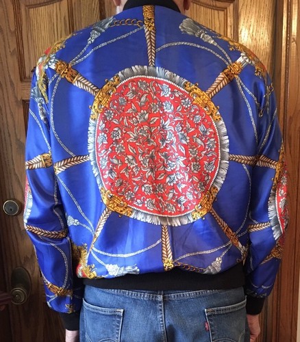 Mens Vintage Chic Full Zip Reversible Scarf Print Bomber Jacket w/shoulder pads - Picture 4 of 4