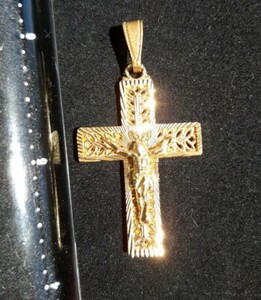 Authentic Vintage Cross Crucifix Pendant Gold Plated / Dipped Look Fillagree 2" Unmarked