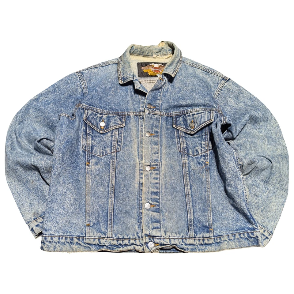 👀Vtg Harley-Davidson Biker Jacket XL Denim Eagle Back Embroidery USA THRASHED - Image 2 of 4