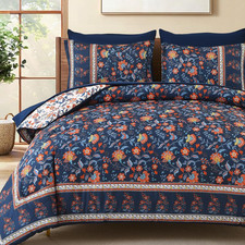 Comforter Set King Size Boho, Reversible Navy Bedding Paisley Floral 7 Piece Bed