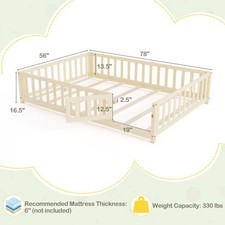 Montessori Bed Frame with Full-length Guardrails Safety Door and Latch-Natural -